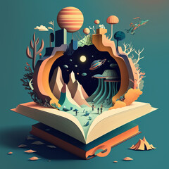 Fototapeta premium Flat design cartoon World Book Day illustration. Open book with stories coming out of the pages. AI generated