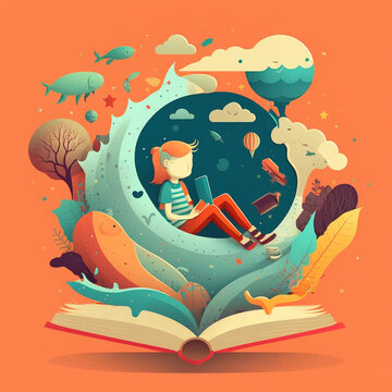 Flat design cartoon World Book Day illustration. Open book with stories coming out of the pages. AI generated