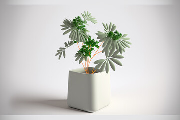 On a white background, a lovely plastic plant in a vase is isolated. Generative AI