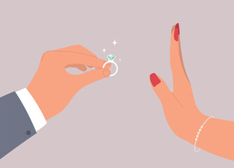 Female’s Hand Rejecting Marriage Proposal With Male’s Hand In Businesswear Holding A Big Shiny Diamond Ring. Turned Down. Decline. Close-Up. Flat Design Style, Character, Cartoon.