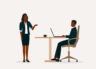 Black Woman Employee Talking To Man Manager Sitting At Working Desk. Full Length. Flat Design Style, Character, Cartoon.