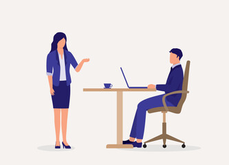 Woman Employee Talking To Man Manager Sitting At Working Desk. Full Length. Flat Design Style, Character, Cartoon.