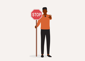 One Young Black Man Holding A Stop Sign With One Hand In Stop Gesture. Full Length. Flat Design Style, Character, Cartoon.