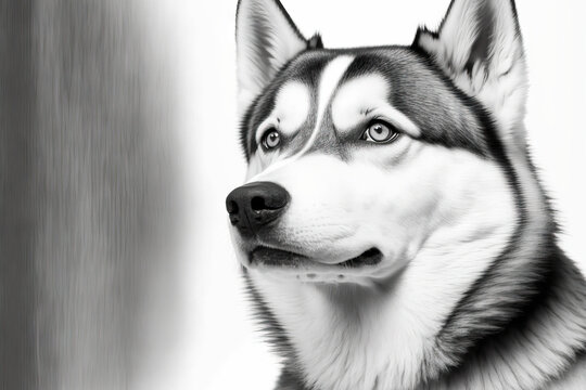 Siberian Husky dog portrait in black and white, isolated on white. Generative AI