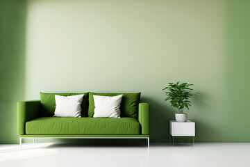 Green minimalist interior with sofa, blank wall, coffee table and decor. illustration mockup. Generative AI