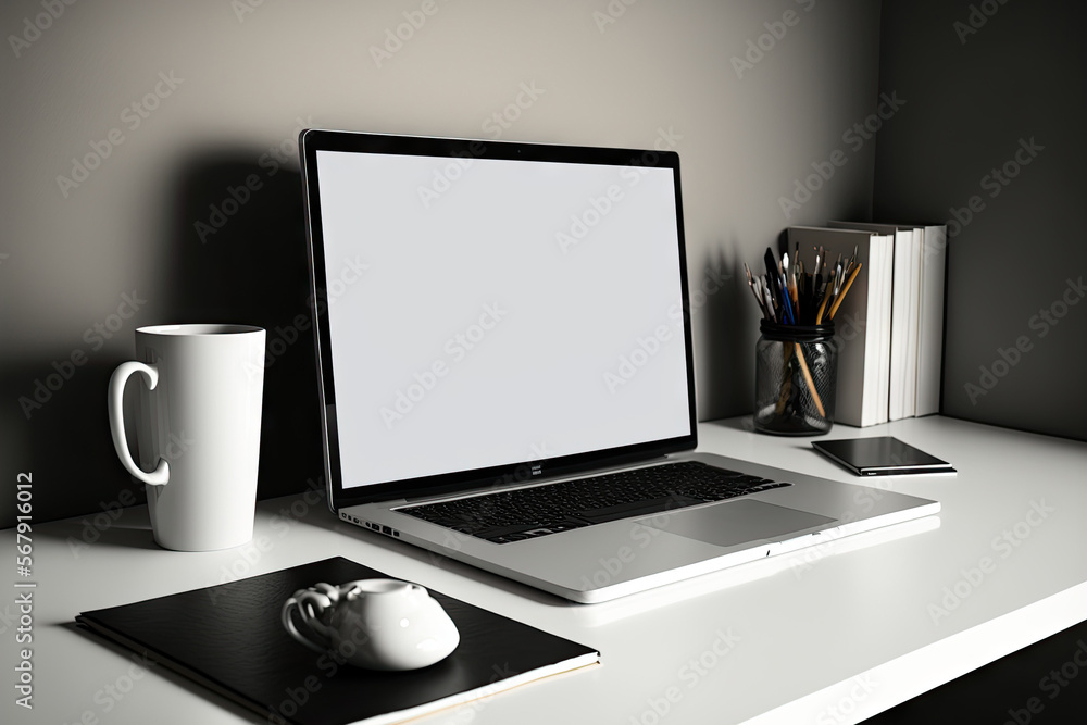 Poster mock up of copy space workstation with blank screen and laptop on table. generative ai