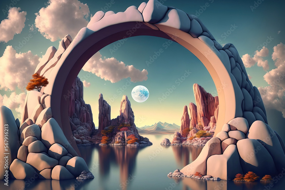 Poster abstract background with a panorama. fantastic scene with clouds, water, rocks, and a mirror arch. s