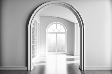 Empty white arch wall with window. interior living room with sky background. Generative AI