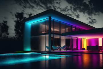 In a contemporary villa at night, colored led lighting. No one is inside. Generative AI