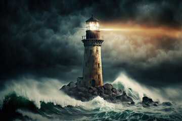 Fototapeta na wymiar Stormy Landscape With A Lighthouse Leader And Vision Concept. Generative AI