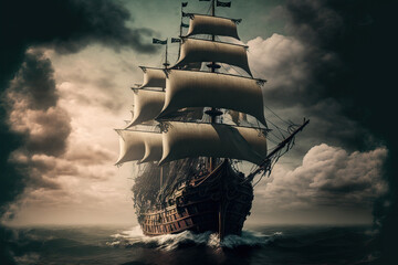 An antique pirate sailing ship with grey clouds is seen in the distance as it approaches land. Generative AI - obrazy, fototapety, plakaty