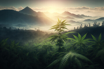 Cannabis in early morning Asian light. Asia landscape picture with a mountain in the distance cannabis bloom Agricultural field plants with green foliage a lawful plant, Cannabis plants grow in dense