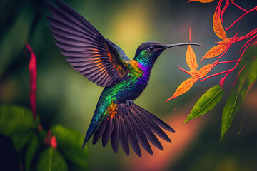 The shiny colored, fiery throated hummingbird Panterpe insignis is in flight. Bird consumes liquid from crocosmia. Tropical woodland flight action scene with wildlife. Costa Rican mountain colorful an