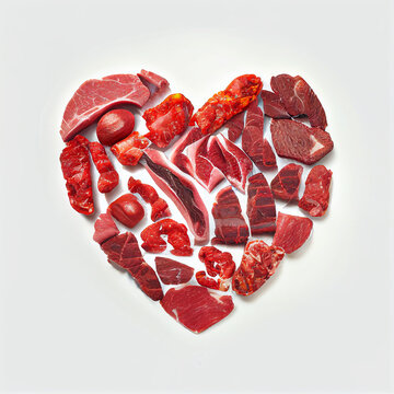 Drawing style, group of raw red beef meats be arrange in heart shape on white background. Healthy love food. Vegan lover.