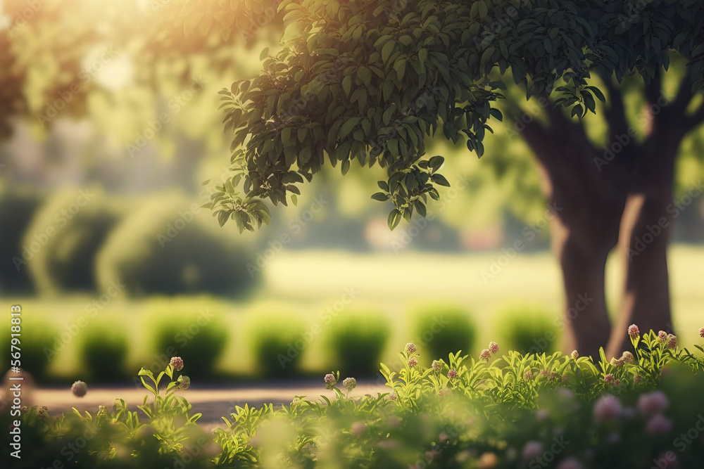 Poster park garden tree in the background is hazy, and there is bokeh light outside in the summer. generati
