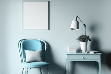 Interior of the room in plain monochrome pastel blue color with chair and room accessories. Light background with copy space. for web page, presentation or picture frame backgrounds. Generative AI