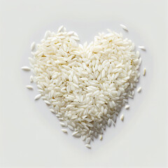 Heap of rice be arrange in heart shape on white background. Healthy love food. Vegan lover.
