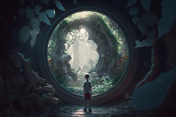 child standing in front of portal created using Generative AI Technology