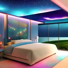 bedroom interior with bed aesthetic, bedroom, bed room, fantasy, soft lighting, detailed, concept art, cloud,