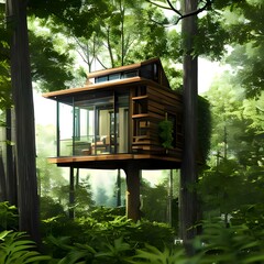 treehouse in forest, better homes big glass windows,