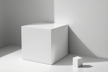 Realistic abstract geometric background for a mock up of a product. a solid, white, square podium that is empty, with light and shadow. Cube, white space, a backdrop, a presentation template, and a co