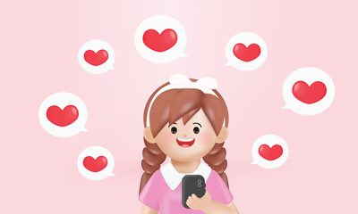 Cartoon woman smile and hold smartphone with like notifications flying around over pink background. 3d vector rendering.