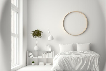 Front view on bright bedroom interior with empty white poster, bed, bedsides, shelf with books, round mirror, white wall. Concept of minimalist design, chill and relaxation. Mock up. Generative AI