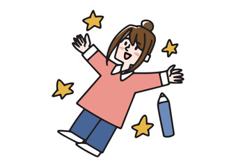 学習によりインスピレーションを得た女性　通信、オンライン教育で新しい学習にチャレンジするイラスト