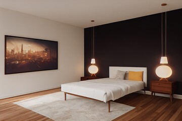 Luxurious Cozy Moody Midcentury Modern Loft Interior Primary Bedroom with black accent wall Made with Generative Ai