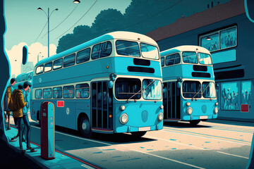 Blue buses at the bus stop. Generative AI