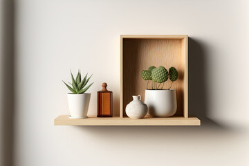 Wooden Shelf on a light textured Background. Generative AI