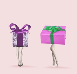 Beautiful gift boxes on women's legs.