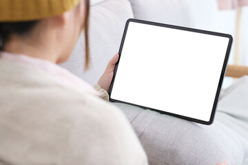 Woman hand using digital tablet with blank screen for mock up, template, people technology and...
