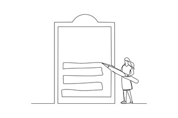 Continuous single one line drawing art of business woman holding big pencil and big clip board of checklist paper. Vector illustration of complete task list successful.