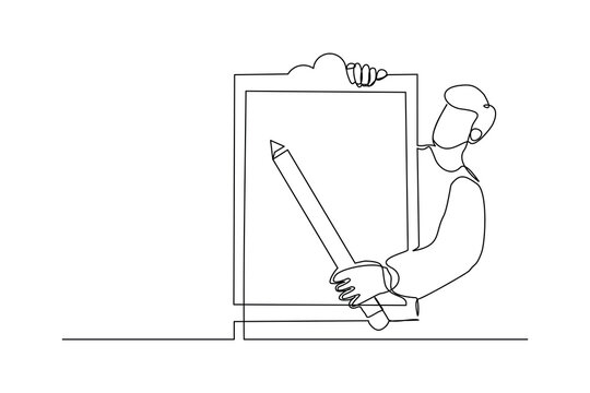 recommend clip art: Continuous single one line drawing art of businessman holding big pencil and big clip board of checklist paper. Vector illustration of complete task list successful.