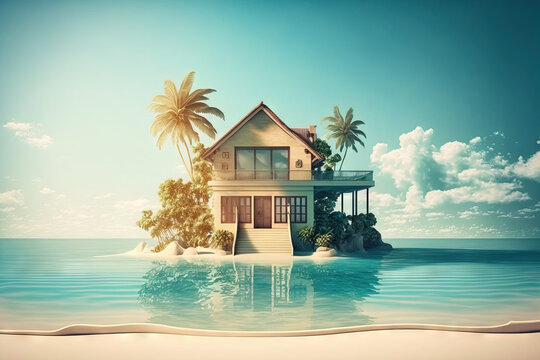 Summer vacation concept, luxury beach resort, cottage near infinite pool overlooking the ocean. Generative AI