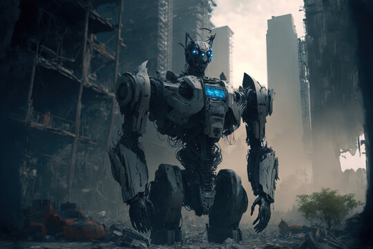 Robotic army in a ruined city. Concept of a future apocalypse. Generative AI