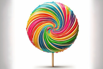 A giant circular lollipop made of yellow, green, red, pink, and blue caramel is isolated on a white background. Generative AI