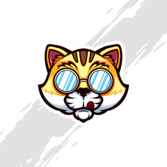 Cool Cat Mascot Head wear Blue Eyeglasses