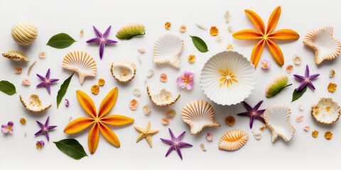 variety of flowers and seashells on white background made with Generative AI