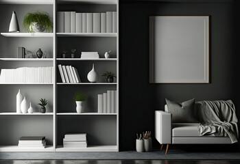 Front view on dark living room interior with empty white poster, shelf with crockery and books, grey wall, closet, concrete floor. Concept of minimalist design. Mock up. Generative AI
