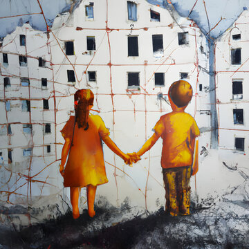 Two children, a boy and a girl, holding hands in front of a destroyed apartment building in a war zone.