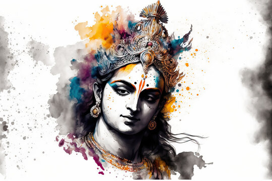 Indian god Krishna pictures on a white backdrop with an image of Lord Krishna. Generative AI