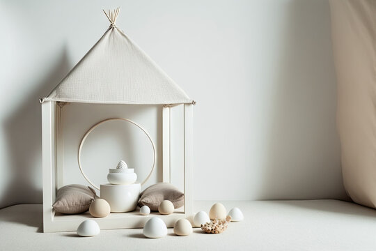 Zen inspired wooden old table top or shelf with candles and pebbles, overexposed children's room with child tent, cushion, and toy, white interior architecture. Generative AI