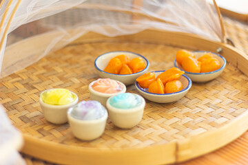 Pinched gold egg yolk  and Thai coconut jelly 