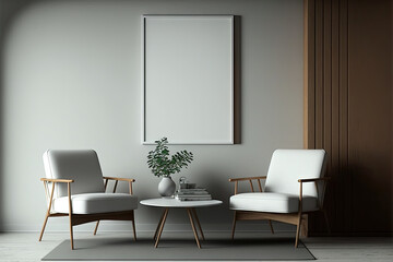 Three empty white posters, cozy brown recliners, a coffee table with books, a sideboard, candles, and a concrete floor may all be found in a dark living room. ideal location for a meeting. a mockup