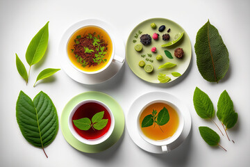 Tea cups, including green and black tea, fruit and herbal teas, sencha, hibiscus, and ginger, are artistically arranged on a white background. Lay flat. notion of food. Generative AI