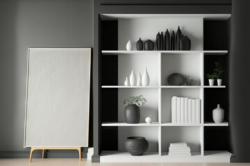 White canvas is empty amid a contemporary shelving unit adorned dark gray living room. idea for a contemporary home design. a mockup. Generative AI