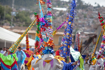 Carnival of Cajamarca, parade of multicolored and traditional costumes. Cajamarca, Peru.