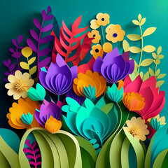 Vibrant Spring Flowers Vector Background in papercut style. Generative AI